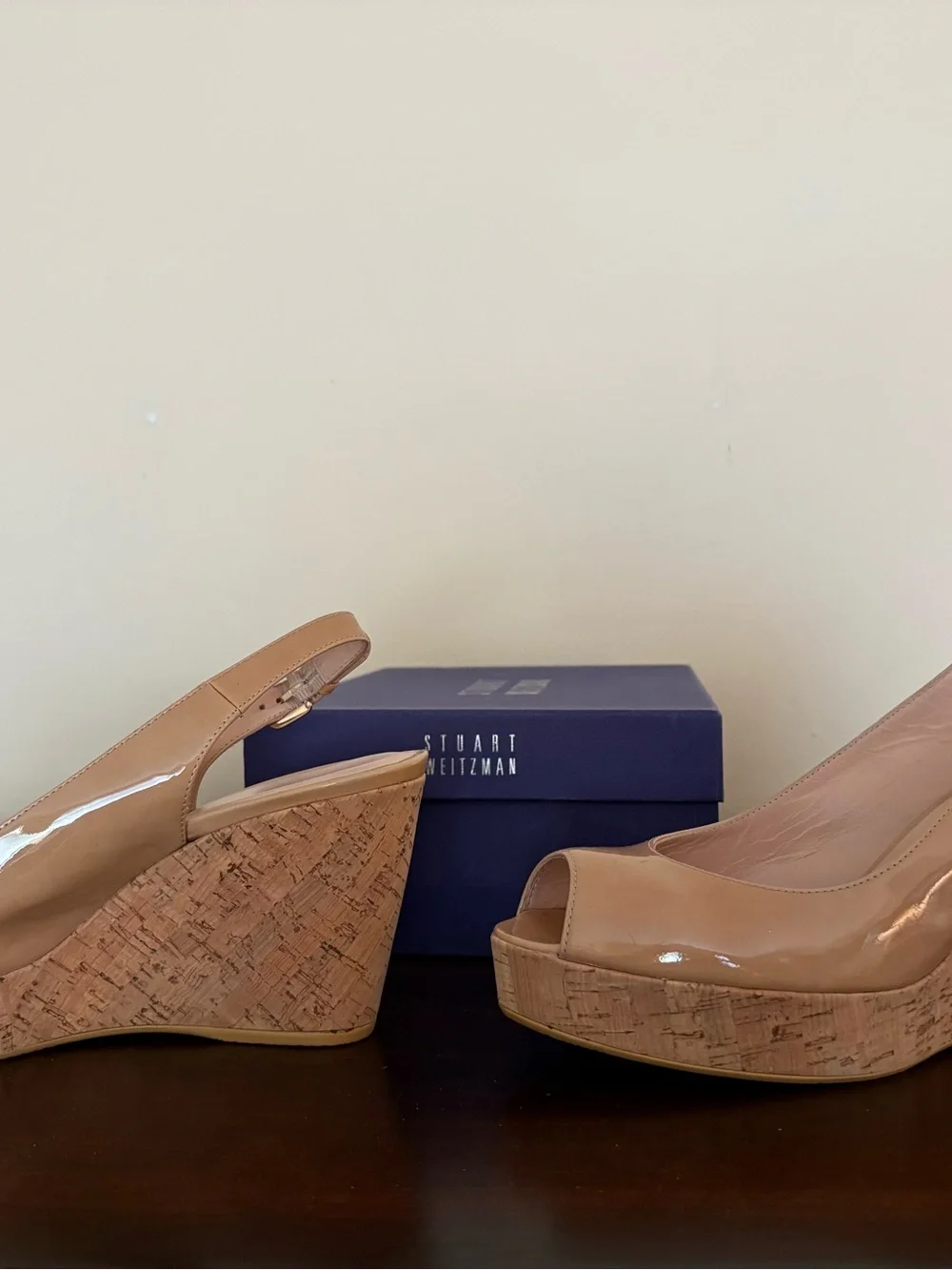 Stuart Weizmann Nude Patent Cork Wedge 4”Slingback Sandals with adjustable strap
